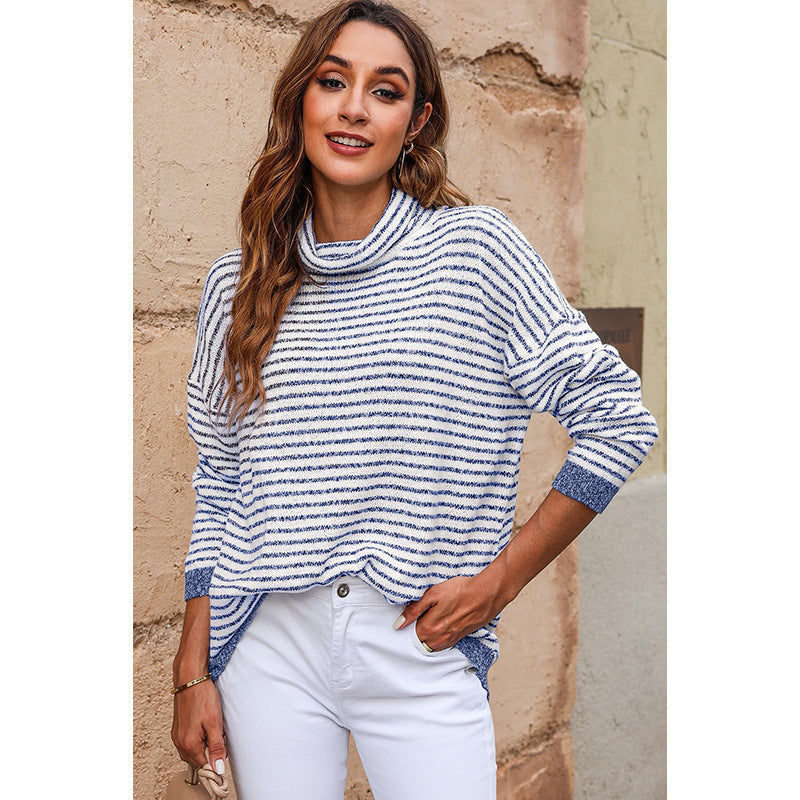 Women's Turtleneck Knit Sweater – Relaxed Fit – Wool Texture – Striped – Ribbed Edges