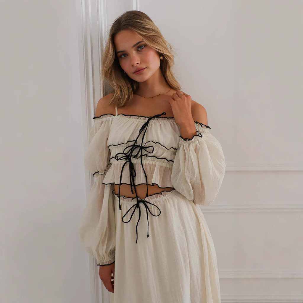Dame Sæt – Off Shoulder Top og Nederdel – Rynkedetaljer – Løs Pasform – Boho Stil