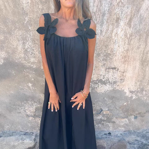 Women's Maxi Dress – Relaxed Fit – Lightweight and Breathable – Floral Details on Shoulders