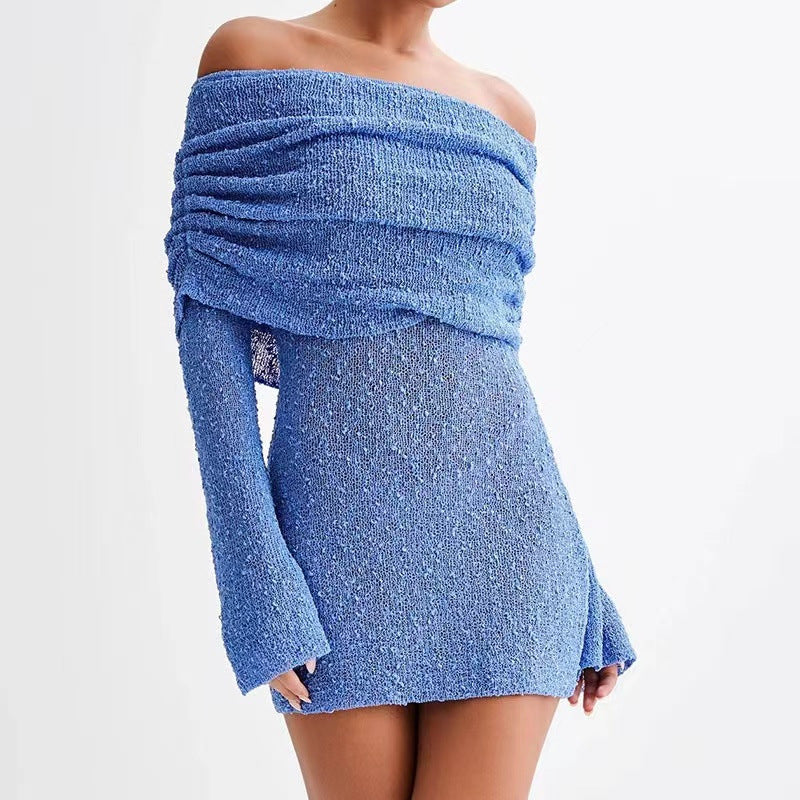Dame Strandkjole – Strik – Slim Fit – Off Shoulder – Semi Transparent – Lange Ærmer