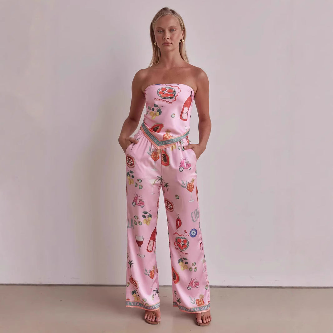 Dame Sæt – Stropløs Satin Top – Vide Bukser – Afslappet Pasform – Mønstret Design