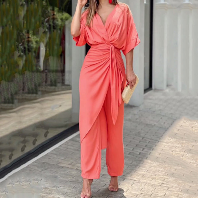 Dame To-sæt – V-hals Top med Batwing-ærmer – Elegant Relaxed Fit – Omslagsdesign
