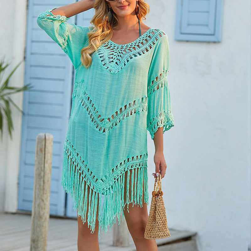 Women's Beach Dress – Relaxed Fit – Crochet Detail – Fringed Edge – Breathable Comfort