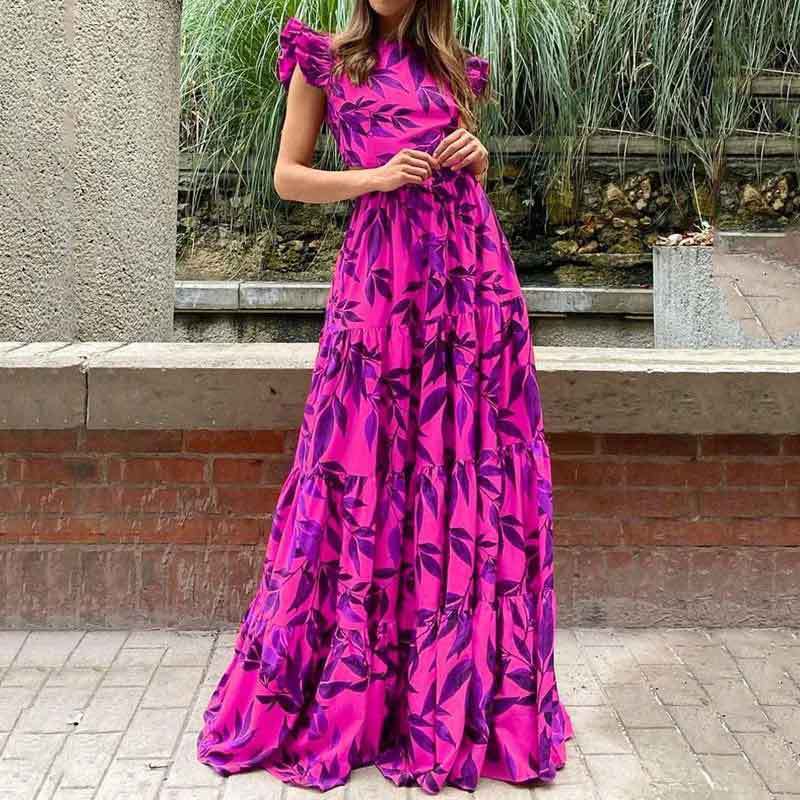 Dame Maxi Kjole – Letvægt Flæseskørt – Rynket Talje – Print – Elegant Pasform