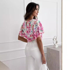 Women's Blouse – Relaxed Fit – Ruched Sleeves – Lightweight Breathable Fabric – Floral Print