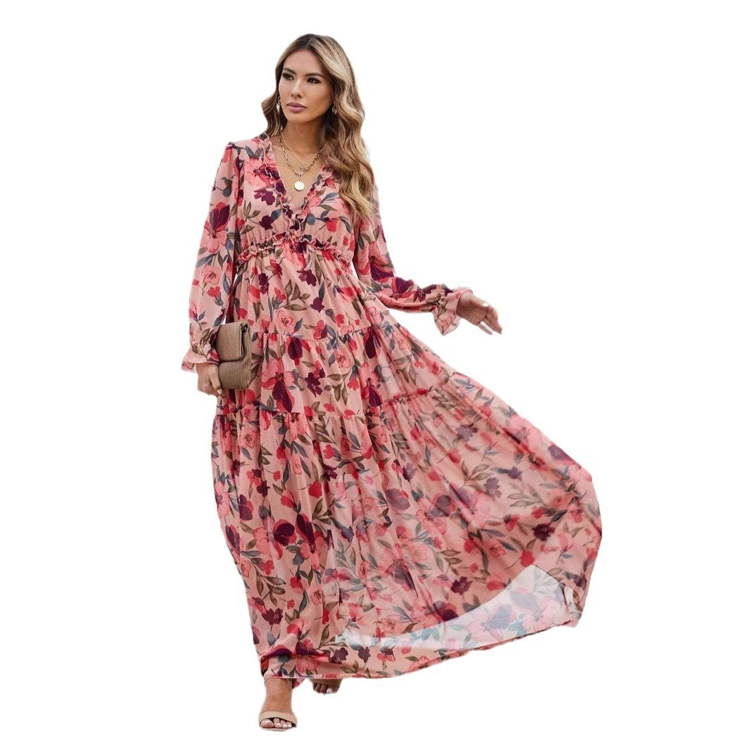 Dame Maxikjole – Chiffon – Boheme Pasform – V-udskæring – Lange Ærmer – Blomsterprint