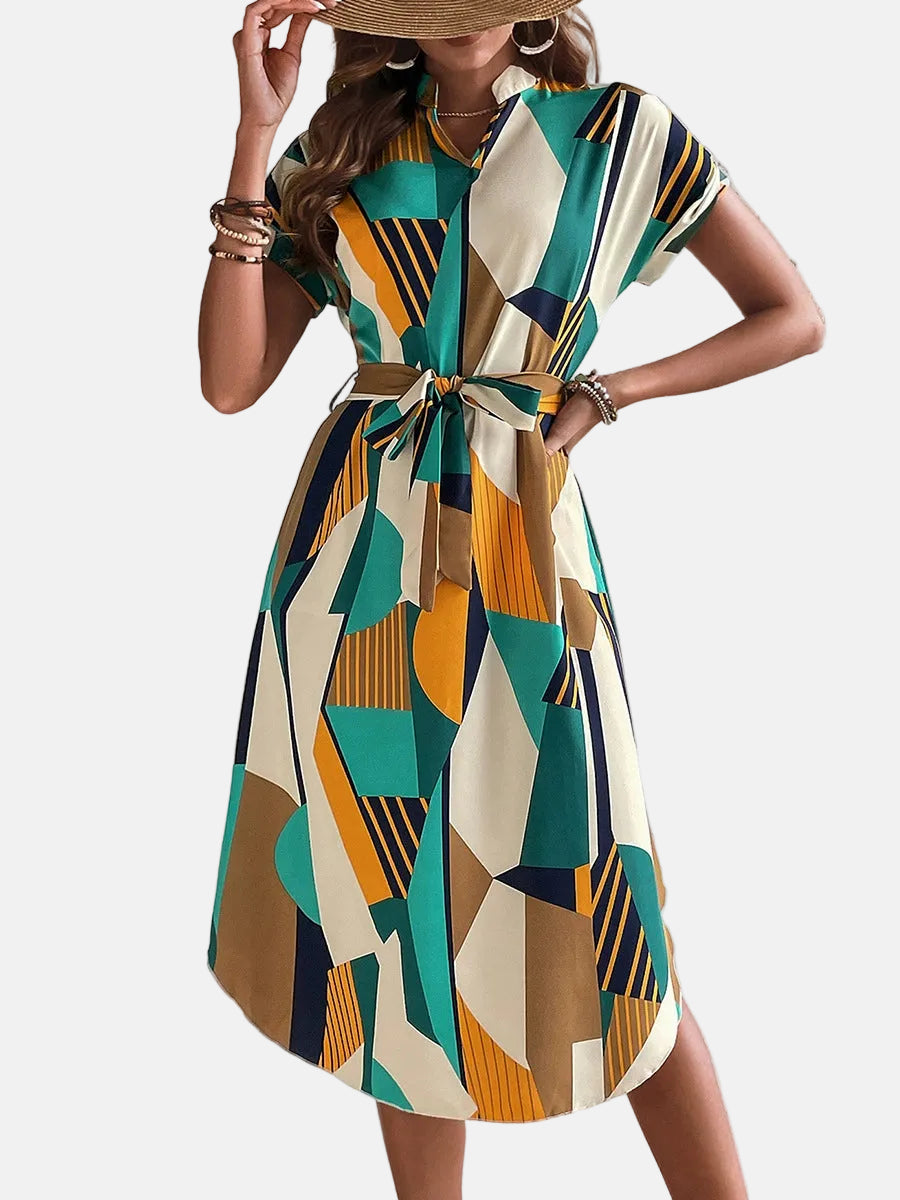Women’s Midi Dress – V-Neck – Short Sleeves – Geometric Print with Waist Tie