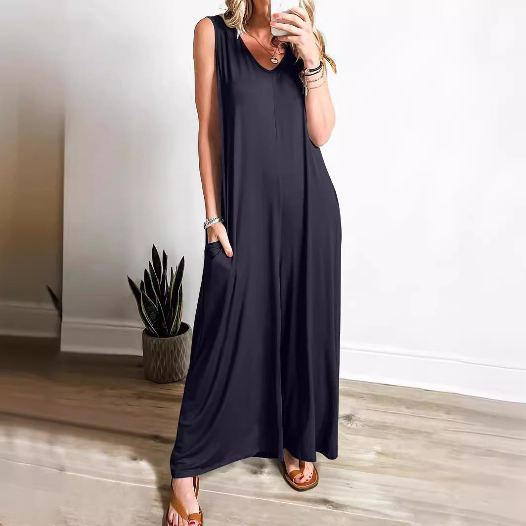 Women's Maxi Dress – Sleeveless V-neck – Soft Knit – A-line with Side Pockets
