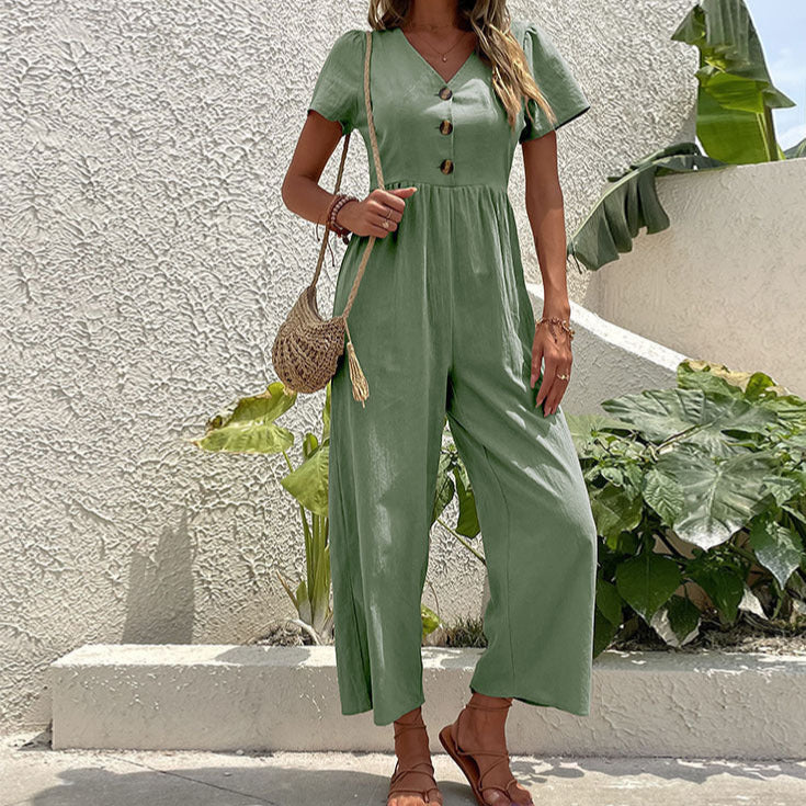Dame Jumpsuit – Hørblanding – Afslappet Pasform – Korte Ærmer – Vide Ben – Knaplukning