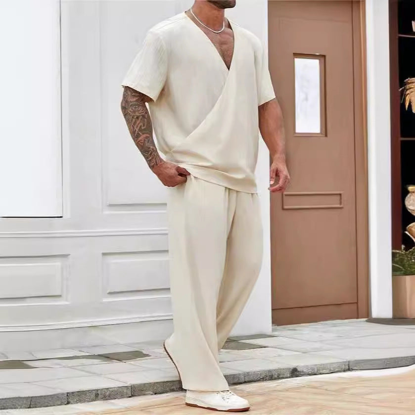 Men's Set – Relaxed Fit – V-neck Short-sleeved Top – Lightweight Breathable Fabric Pants