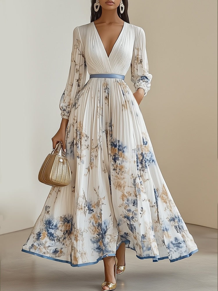 Mia - Women's Dress - Long Maxi - V-Neck - Floral Print - Elegant Style