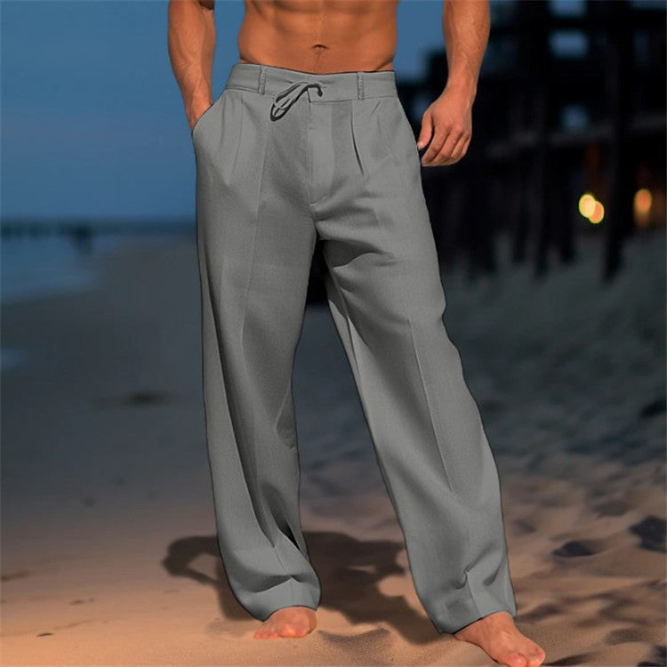 Men's Trousers – Relaxed Fit – 100% Linen – Drawstring Closure – Full Length