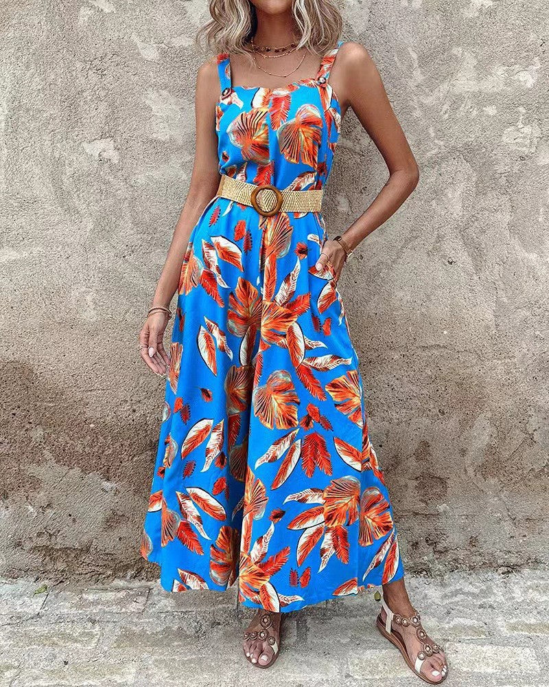Women's Jumpsuit – Tailored Waist – Floral Print – Sleeveless – Wide Legs – Light and Breathable