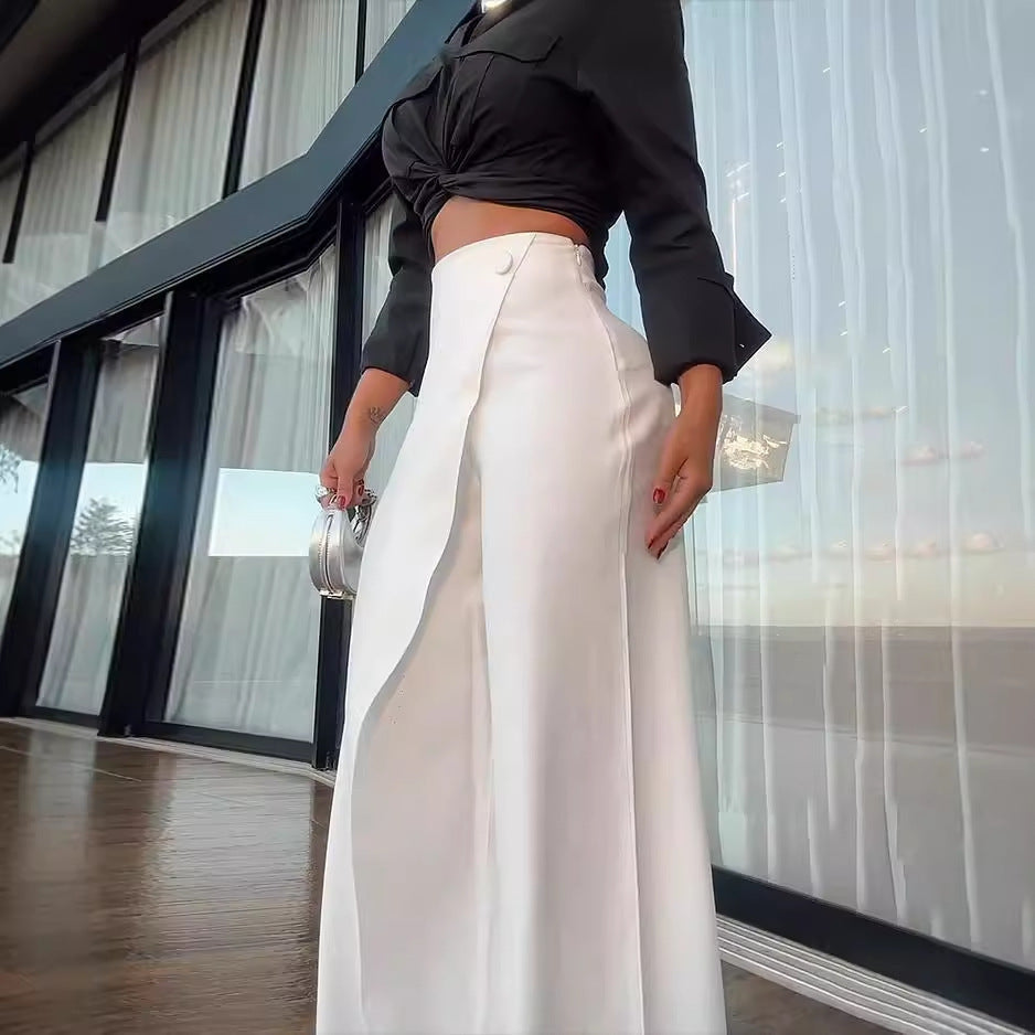 Dame Sæt – Satin Crop Top med Bindebånd – Højtaljede Vide Bukser
