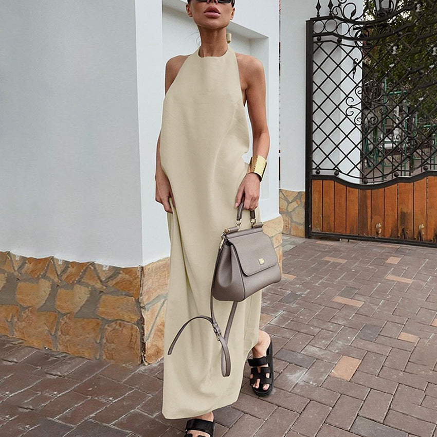 Dame Maxikjole – Halterneck – Løs Pasform – Bomuld Hør – Elegant Flowy Design