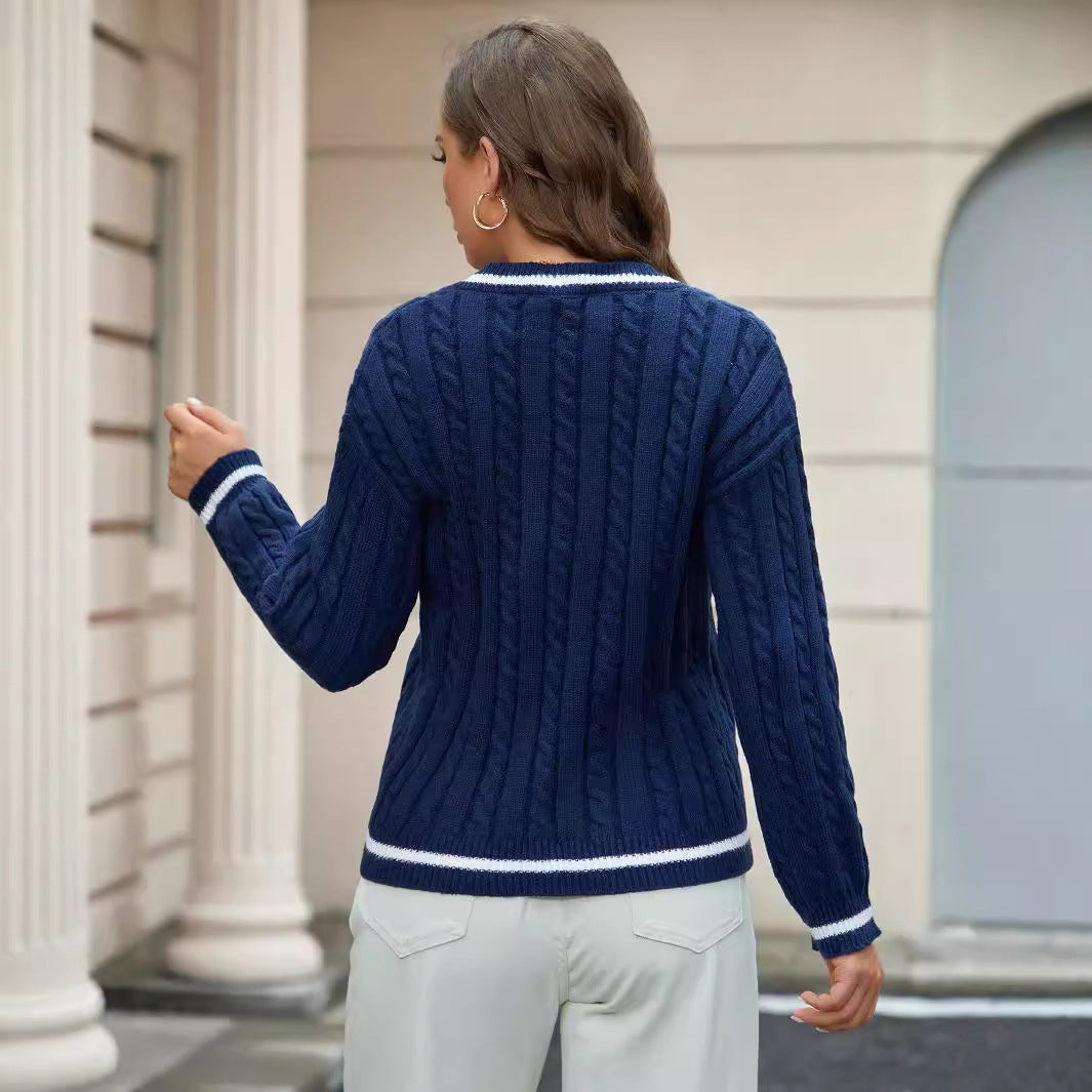 Dame Sweater – V-hals – Afslappet Pasform – Kabelstrik – Blød Varm Strik