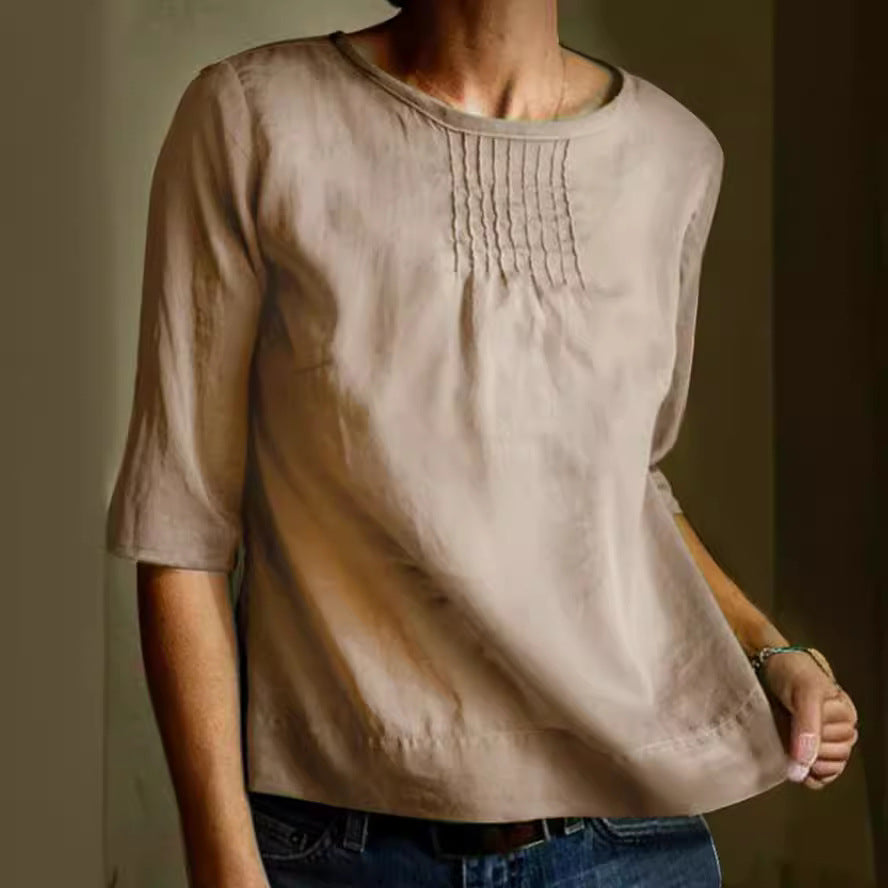 Damebluse – Bomuld Hør Mix – Løs Pasform – 3/4 Ærmer – Plisseret Front