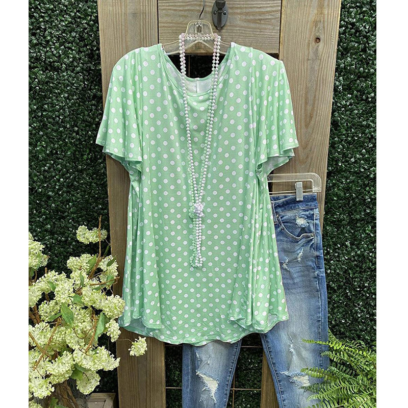 Women's Tunic Top – Loose Fit – Short Sleeve – Polka Dot Pattern – Breathable Comfort