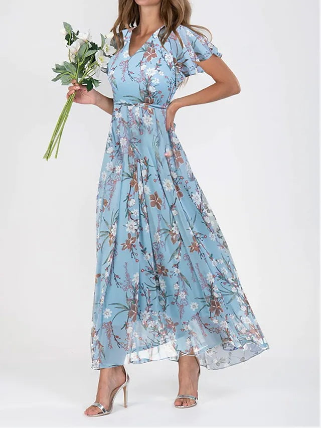 Dame Maxi Kjole - Blomstermønster - V-Hals - Korte Flutter Ærmer - Let og Luftig