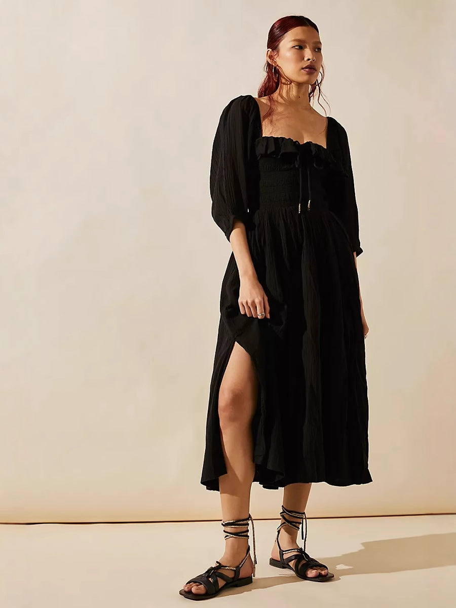 Women's A-line Dress – Cotton Blend – V-neck with Ruffle – Smocked Waist – Long Sleeves