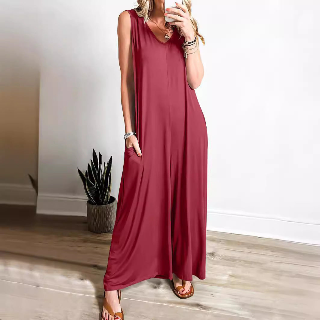 Women's Maxi Dress – Sleeveless V-neck – Soft Knit – A-line with Side Pockets