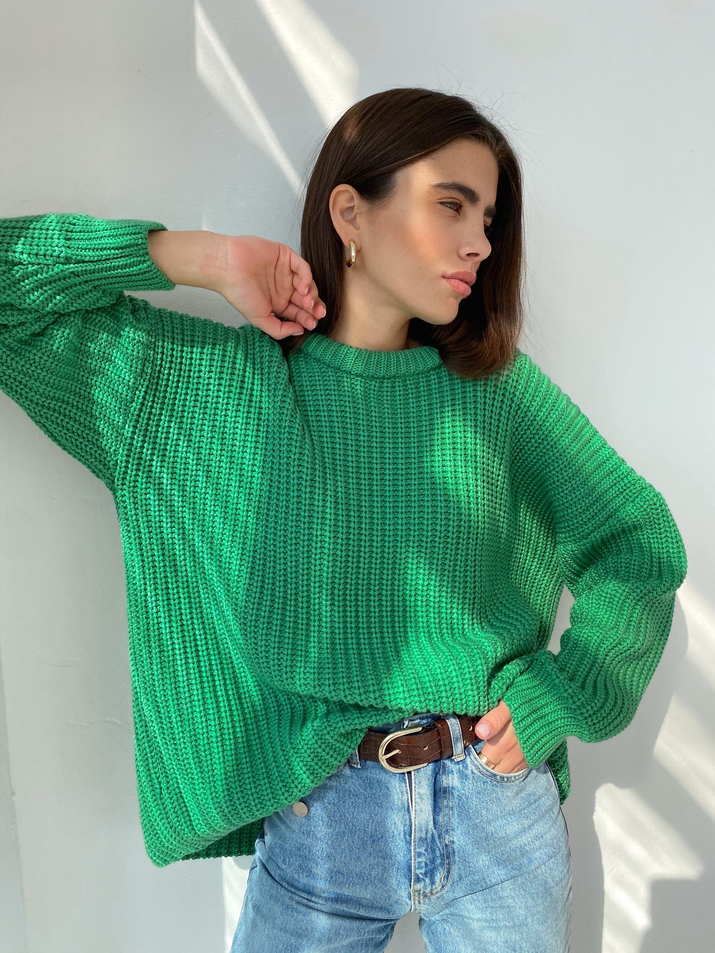 Women's Knit Sweater – Oversized Fit – Ribbed Texture – Relaxed Round Neck