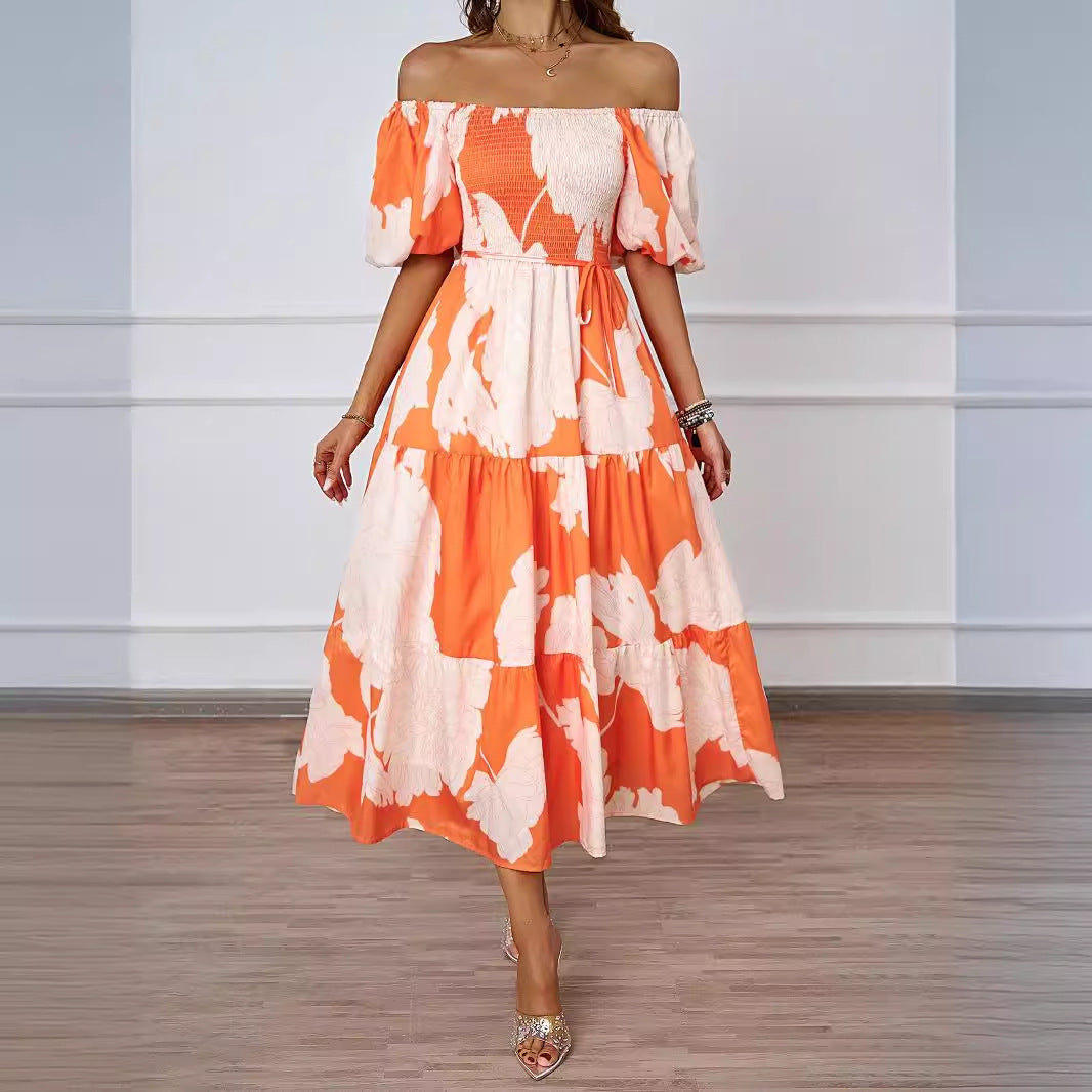 Dress for Women – Off-shoulder Midi – A-line Fit – Puff Sleeves – Shirred Bodice