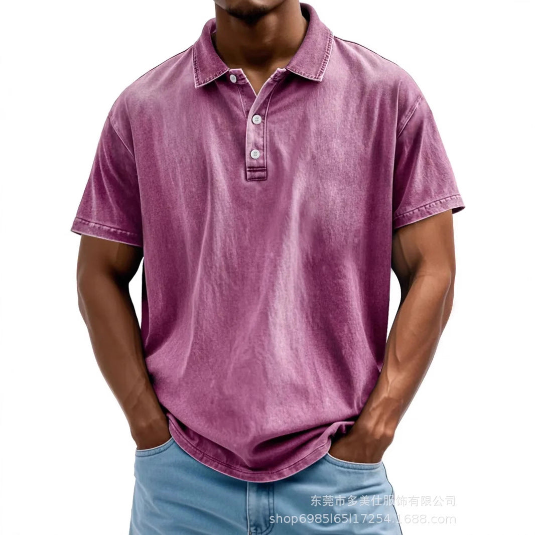 Herre Poloshirt – Bomuld – Afslappet Pasform – Vasket Retro Stil – Kort Ærme