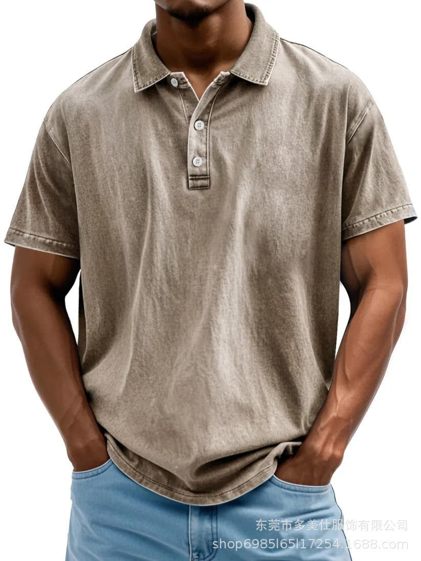 Herre Poloshirt – Bomuld – Afslappet Pasform – Vasket Retro Stil – Kort Ærme