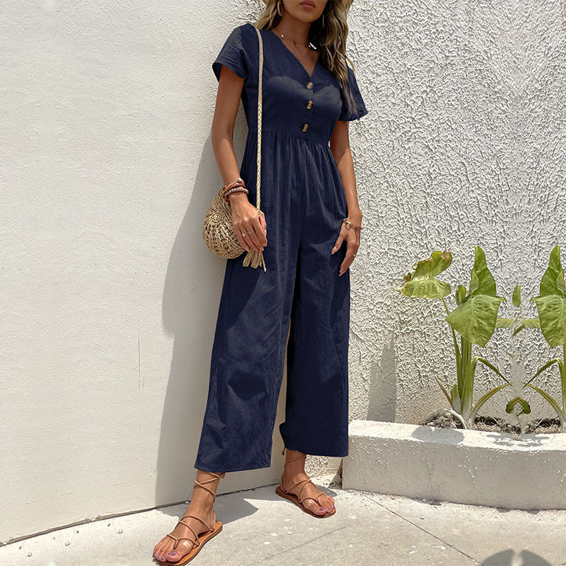 Dame Jumpsuit – Hørblanding – Afslappet Pasform – Korte Ærmer – Vide Ben – Knaplukning