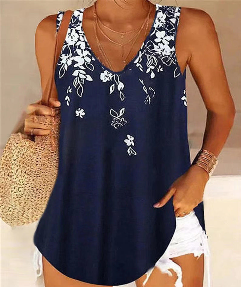 Women's Tank Top – Floral Pattern – V-Neck – Relaxed Fit – Sleeveless Lightweight Quality