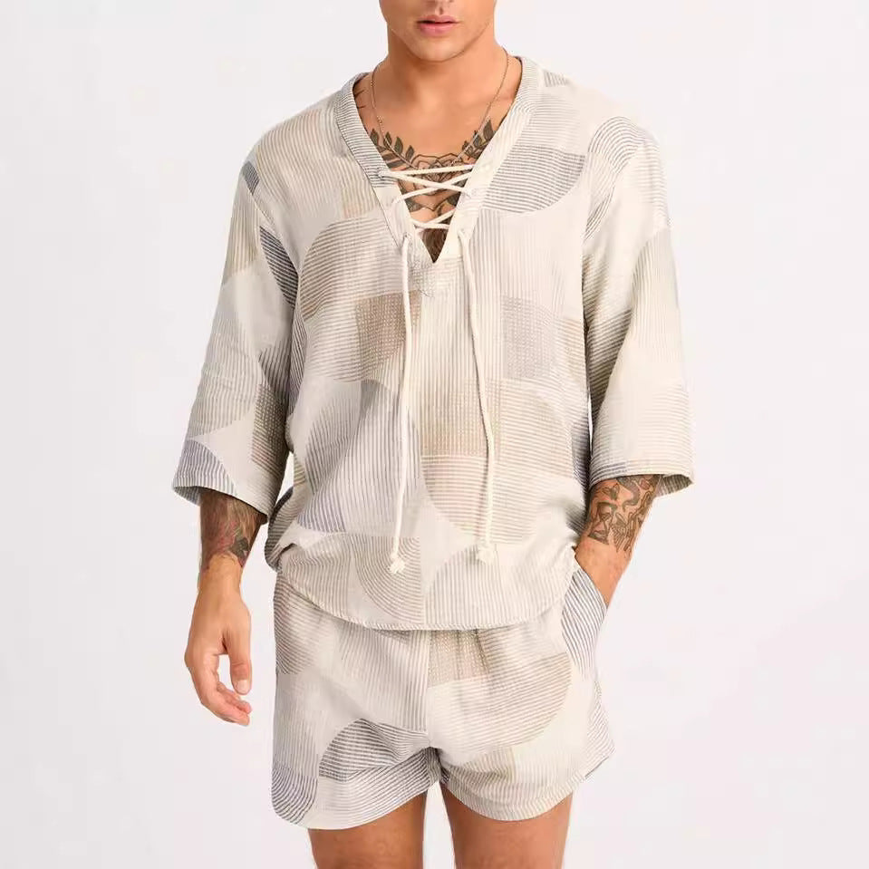 Men's Set – Relaxed Fit – Soft Breathable Fabric – Drawstring Shirt & Shorts