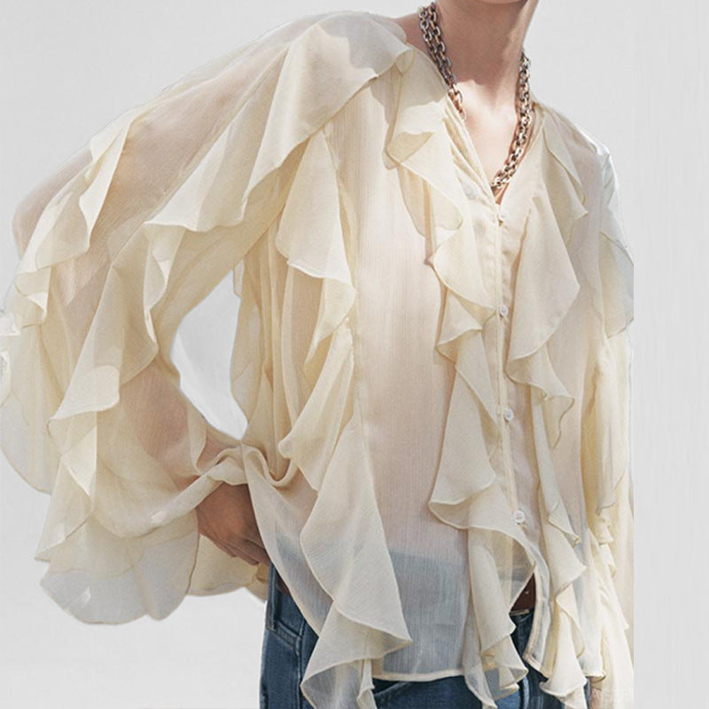 Damebluse – V-hals – Løs pasform – Lange ærmer – Let chiffon – Flæsedetaljer
