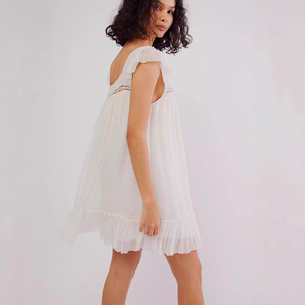 Dame Mini Kjole – Ærmeløs Chiffon – Løstsiddende Pasform – Knapper og Blondekant