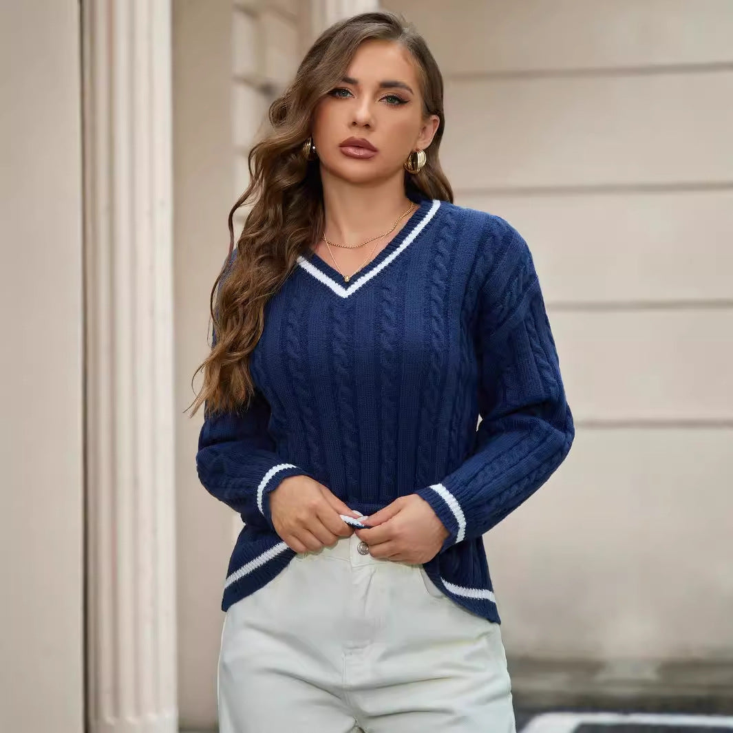 Dame Sweater – V-hals – Afslappet Pasform – Kabelstrik – Blød Varm Strik