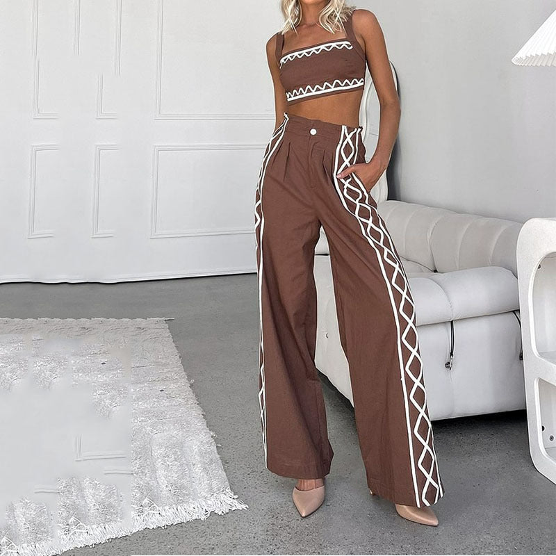 Dame To-delt Sæt – Asymmetrisk Crop Top – Høj Talje Bukser – Vidde Ben – Print