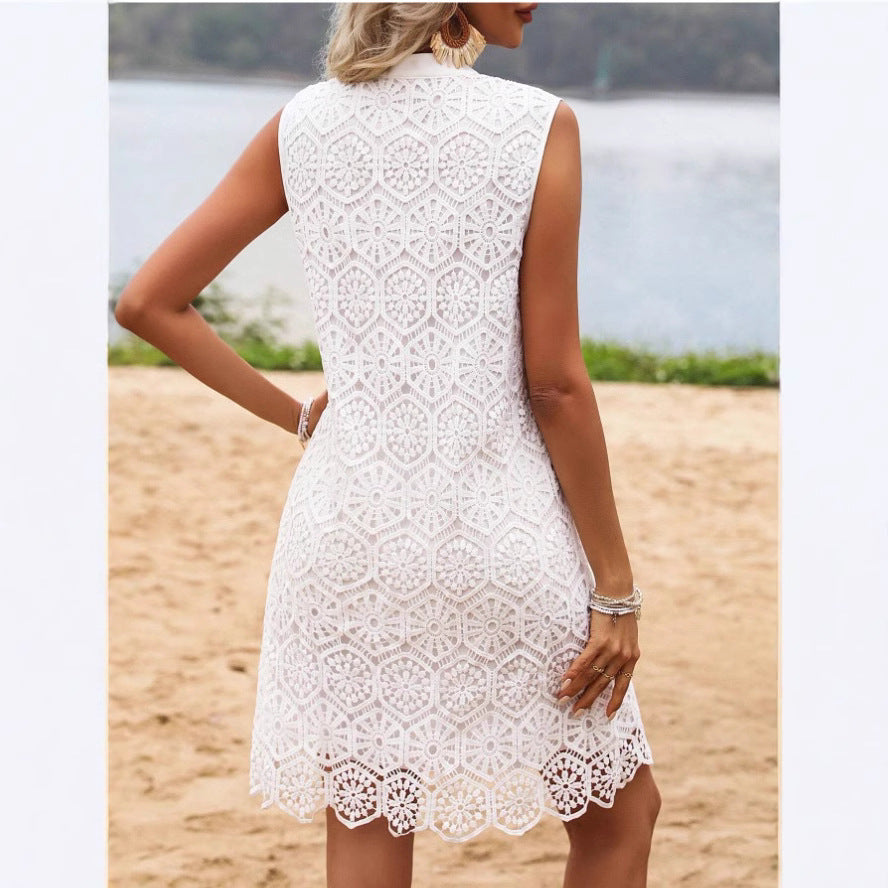 Women's Mini Dress – Lace – Geometric Pattern – Sleeveless – Straight Fit – V-neck