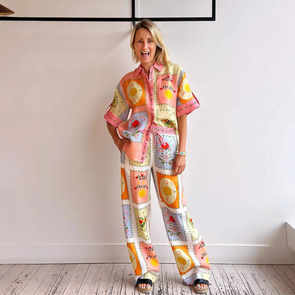 Dame Cardigan – Linned – Afslappet Pasform – Korte Ærmer – Knaplukning – Kunstneriske Paneler