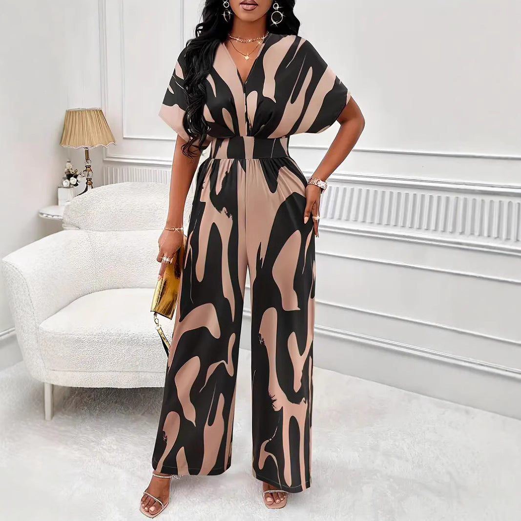 Dame Jumpsuit – Let og Åndbar – Kort Ærme – V-Hals – Elastisk Talje – Vidde Ben