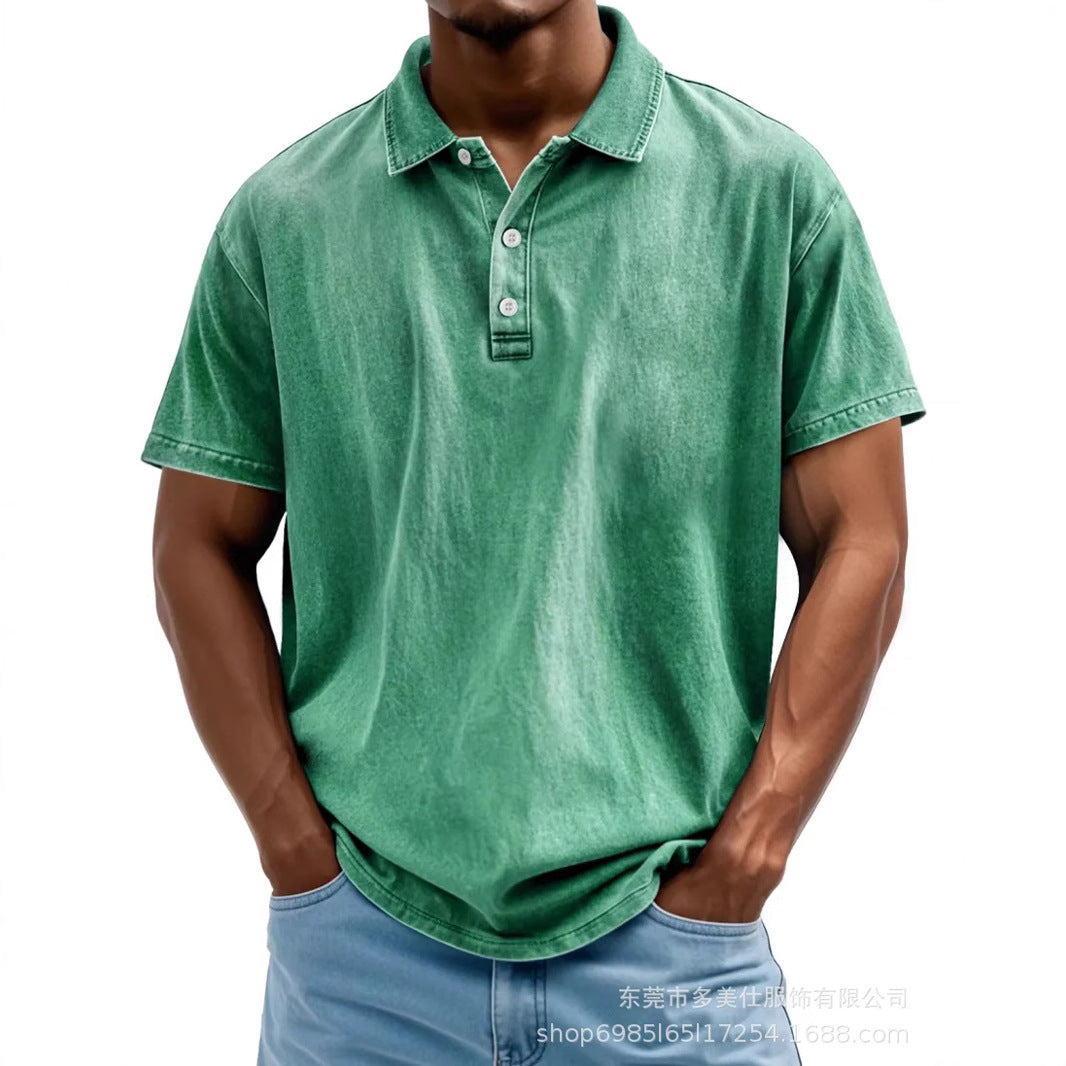 Herre Poloshirt – Bomuld – Afslappet Pasform – Vasket Retro Stil – Kort Ærme