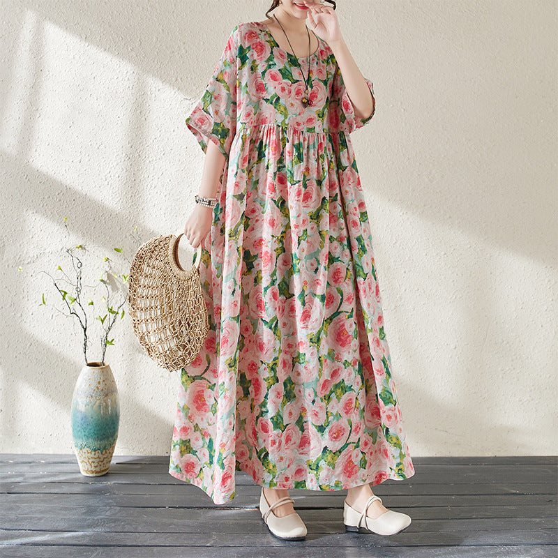 Dame Maxikjole – Blomstermønster – Løs Pasform – V-udskæring – 3/4 Ærmer