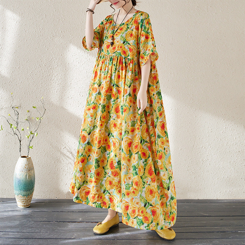 Dame Maxikjole – Blomstermønster – Løs Pasform – V-udskæring – 3/4 Ærmer