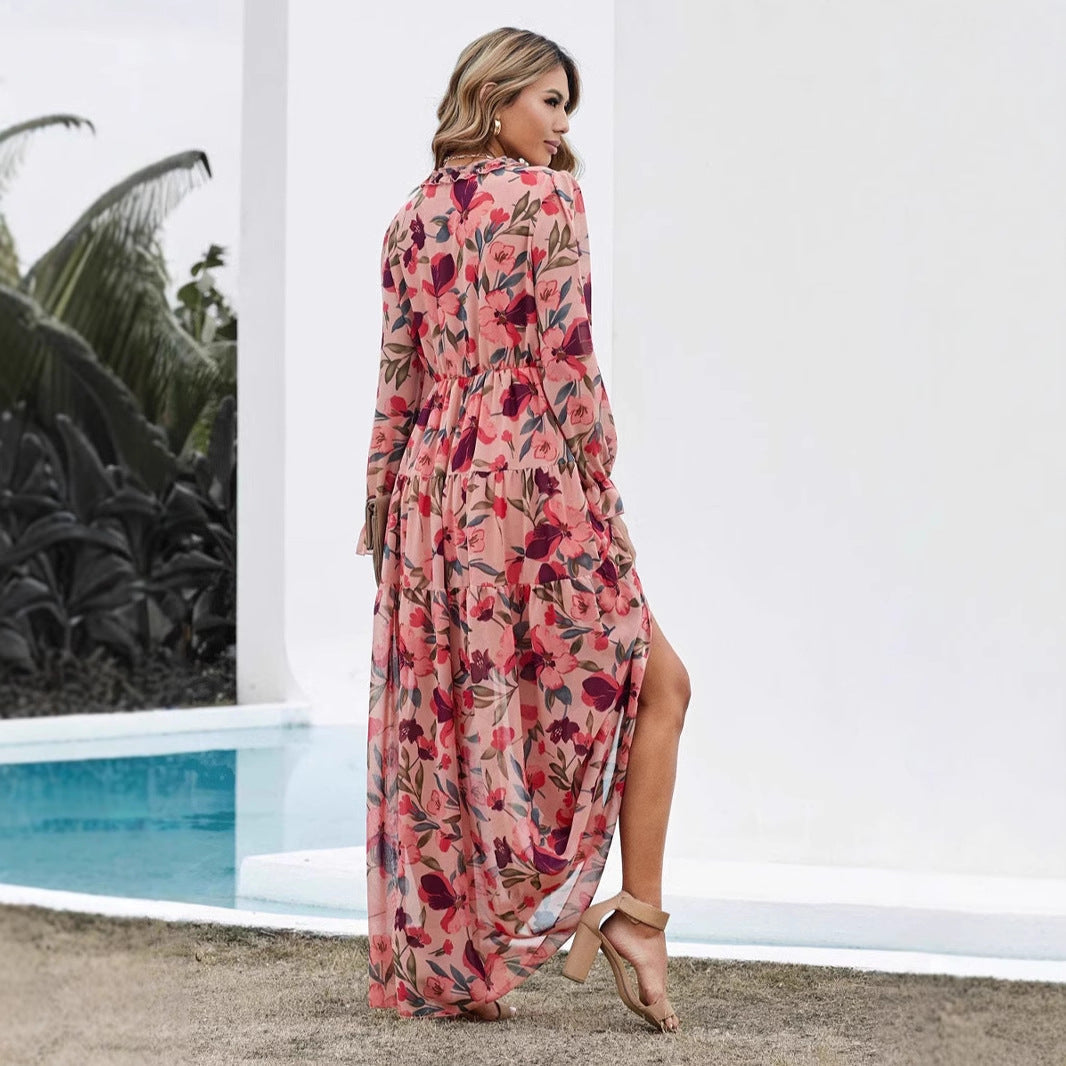 Dame Maxikjole – Chiffon – Boheme Pasform – V-udskæring – Lange Ærmer – Blomsterprint