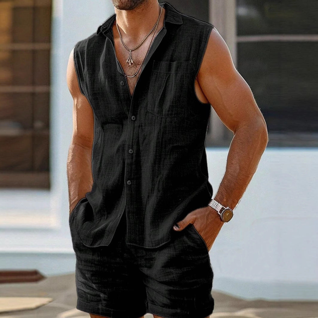 Men's Set without Sleeves – Relaxed Fit – Natural Fibers – Button Closure Casual Look
