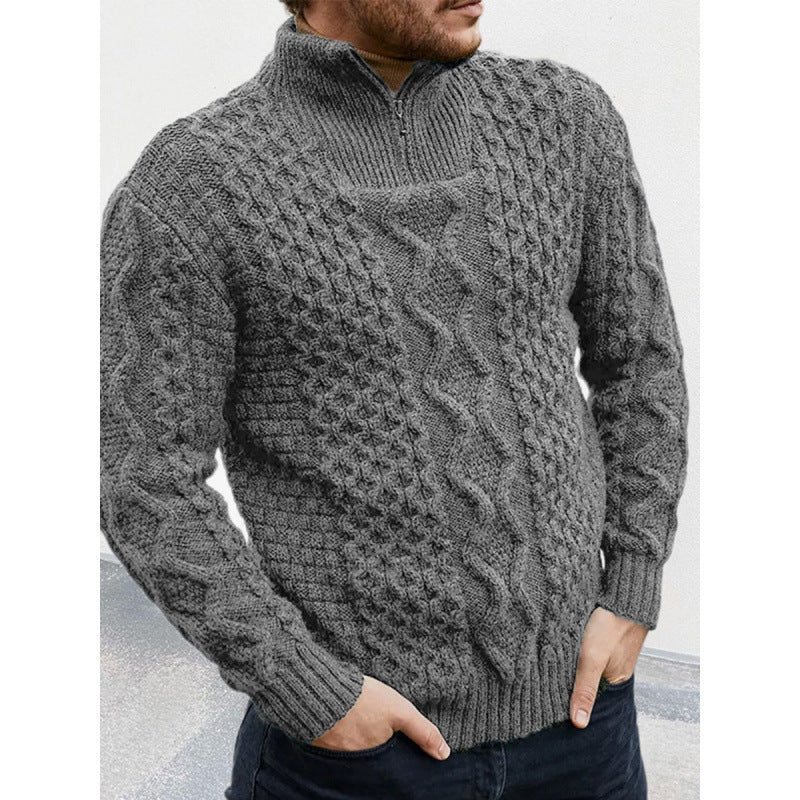 Men's Knit Sweater – Wool – Regular Fit – Cable Knit – High Neck with Zipper
