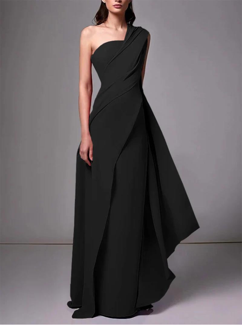 Dame Aftenkjole – Gulvlang – Slank Pasform – Asymmetrisk En Skulder – Elegant Drapering