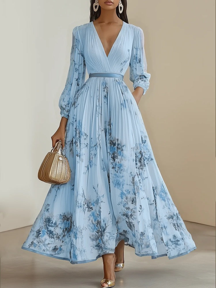 Mia - Women's Dress - Long Maxi - V-Neck - Floral Print - Elegant Style