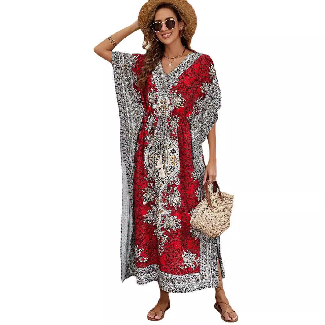 Dress for Women – Maxi Dress with Loose Fit – V-Neck – Short Wide Sleeves – Elegant Pattern Design