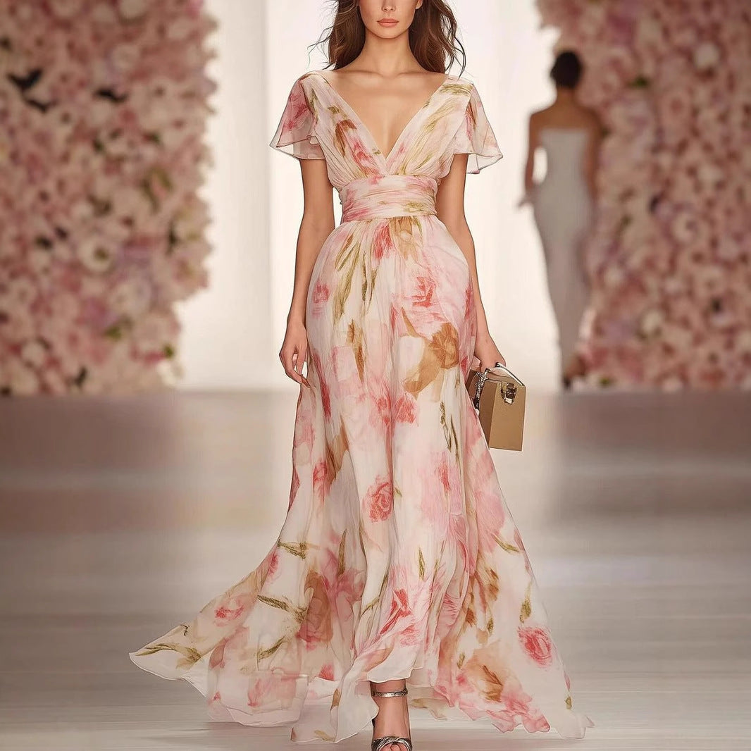 Dame Maxikjole – Fit og Flare – Chiffon – Dyb V-Hals – Blomsterprint – Elegante Ærmer