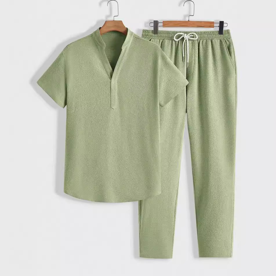 Men's Training Set – Short-Sleeved V-Neck Top – Adjustable Pants – Breathable Fit